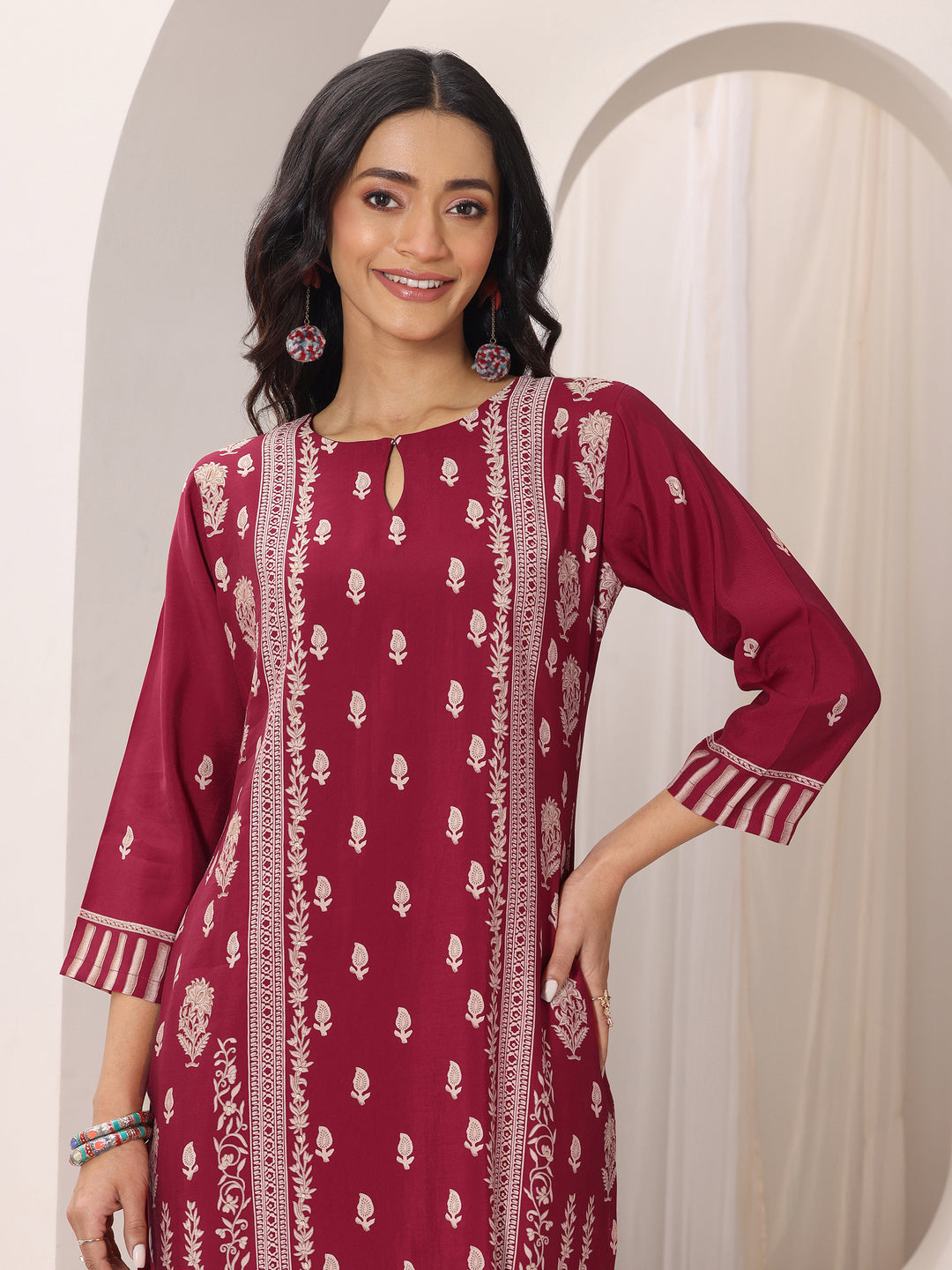 Red Printed Silk Blend Straight Suit Set With Dupatta