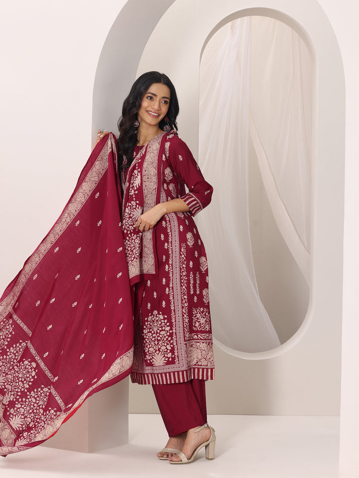 Red Printed Silk Blend Straight Suit Set With Dupatta