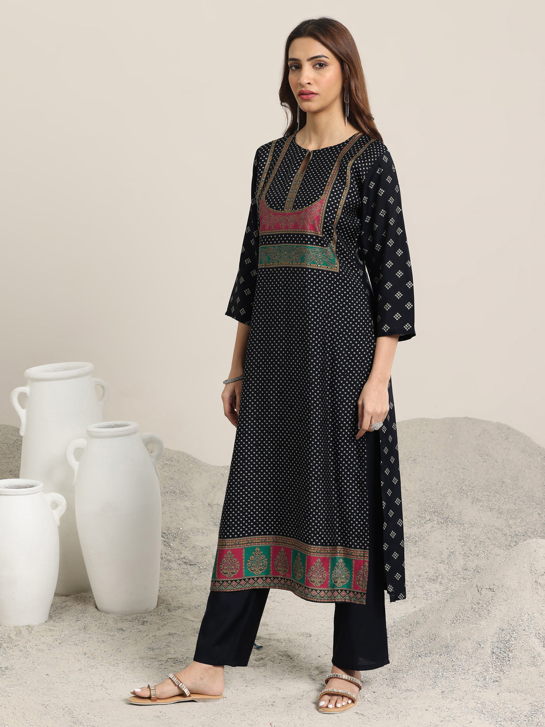 Navy Blue Printed Silk Blend Straight Suit Set With Dupatta