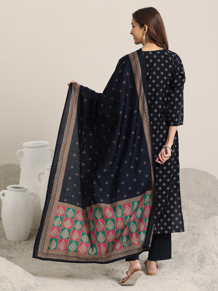 Navy Blue Printed Silk Blend Straight Suit Set With Dupatta