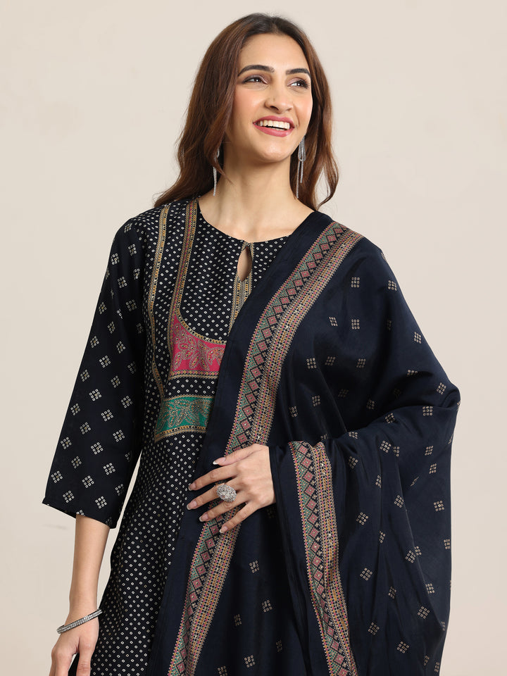 Navy Blue Printed Silk Blend Straight Suit Set With Dupatta