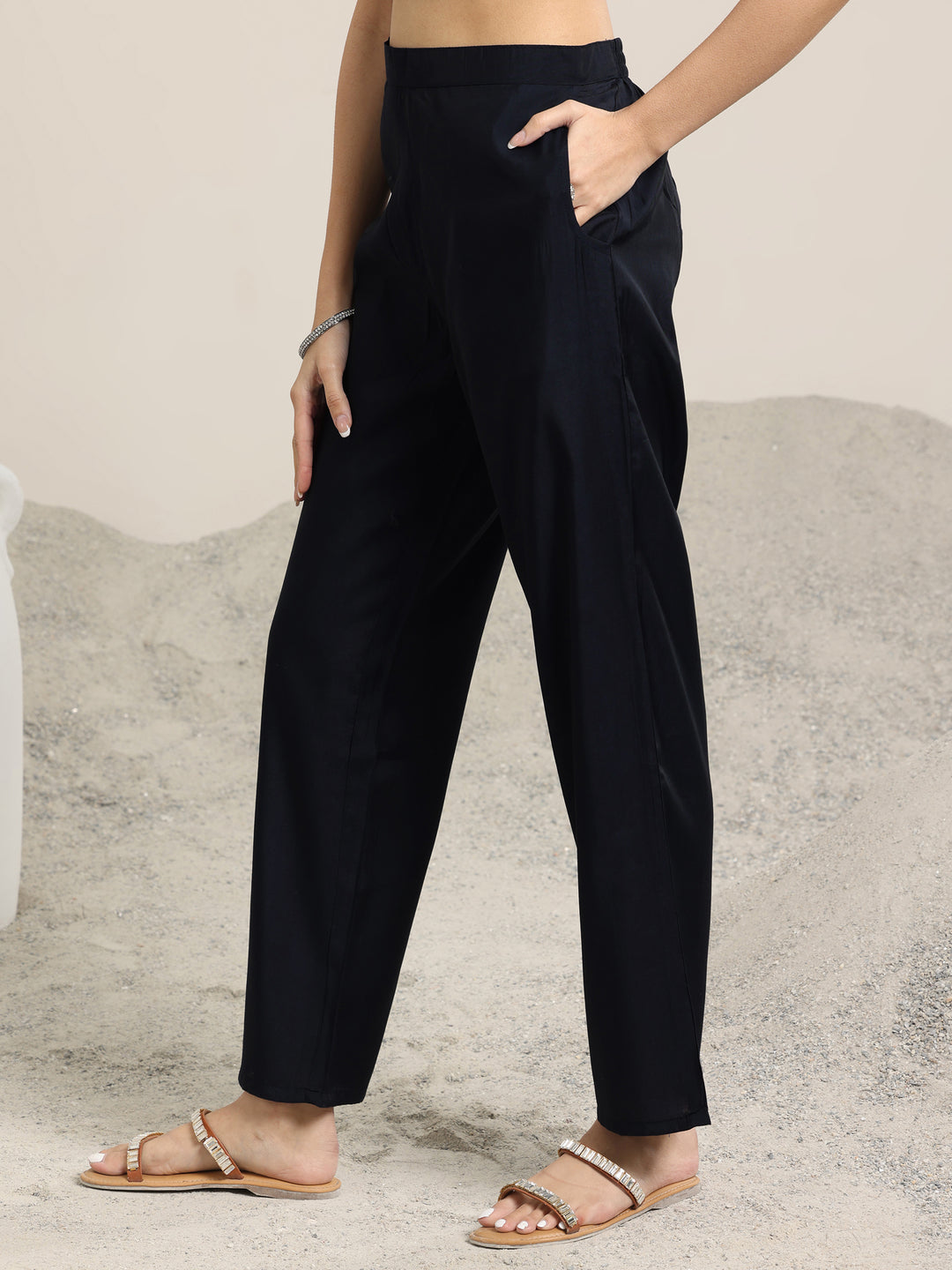 Navy Blue Printed Silk Blend Straight Suit Set With Dupatta