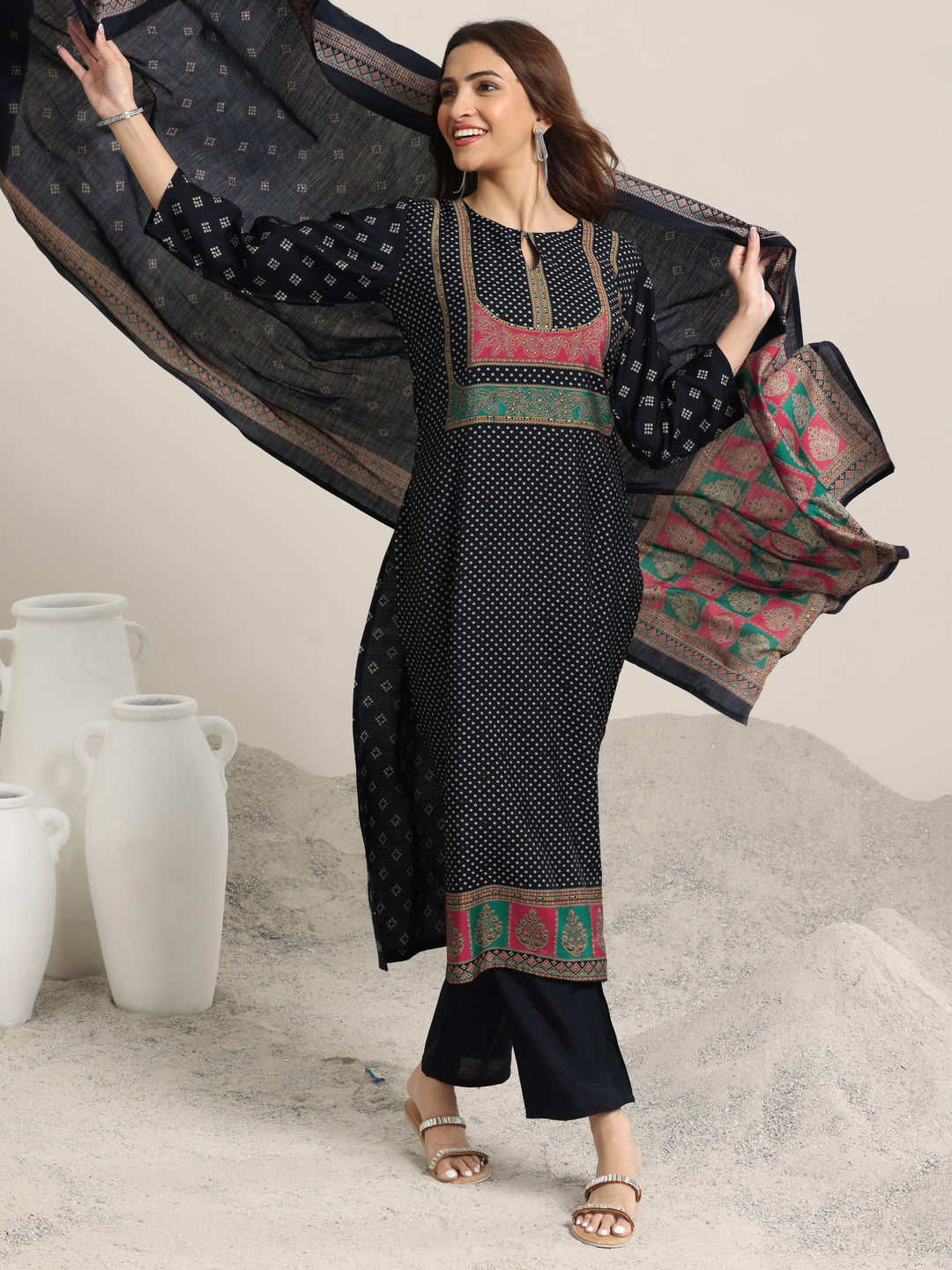 Navy Blue Printed Silk Blend Straight Suit Set With Dupatta