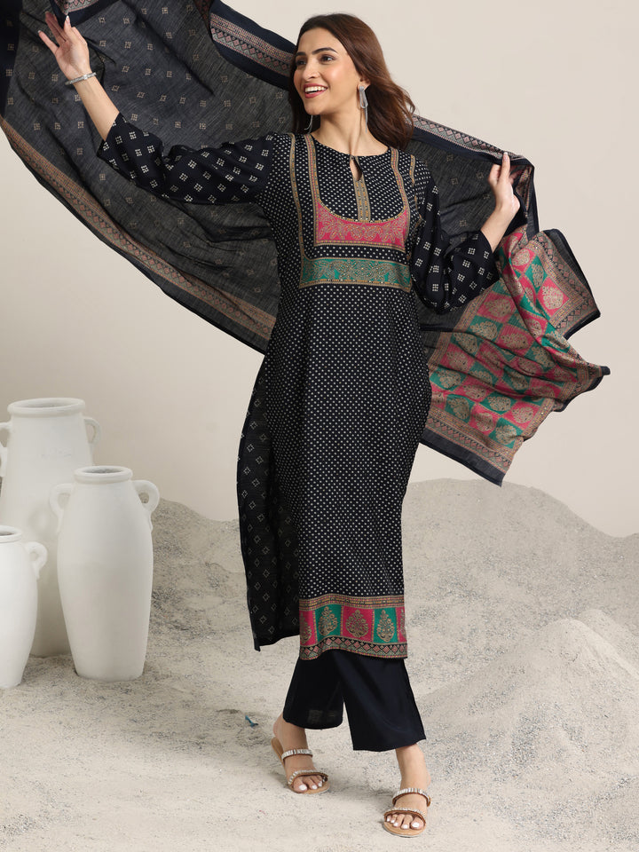 Navy Blue Printed Silk Blend Straight Suit Set With Dupatta