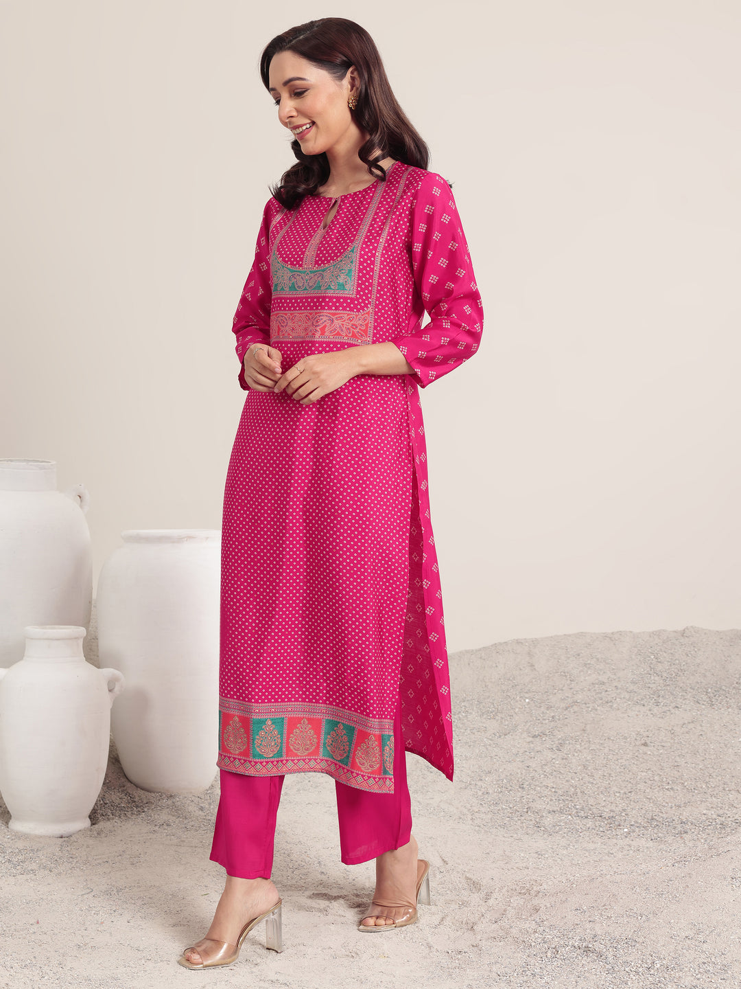 Pink Printed Silk Blend Straight Suit Set With Dupatta