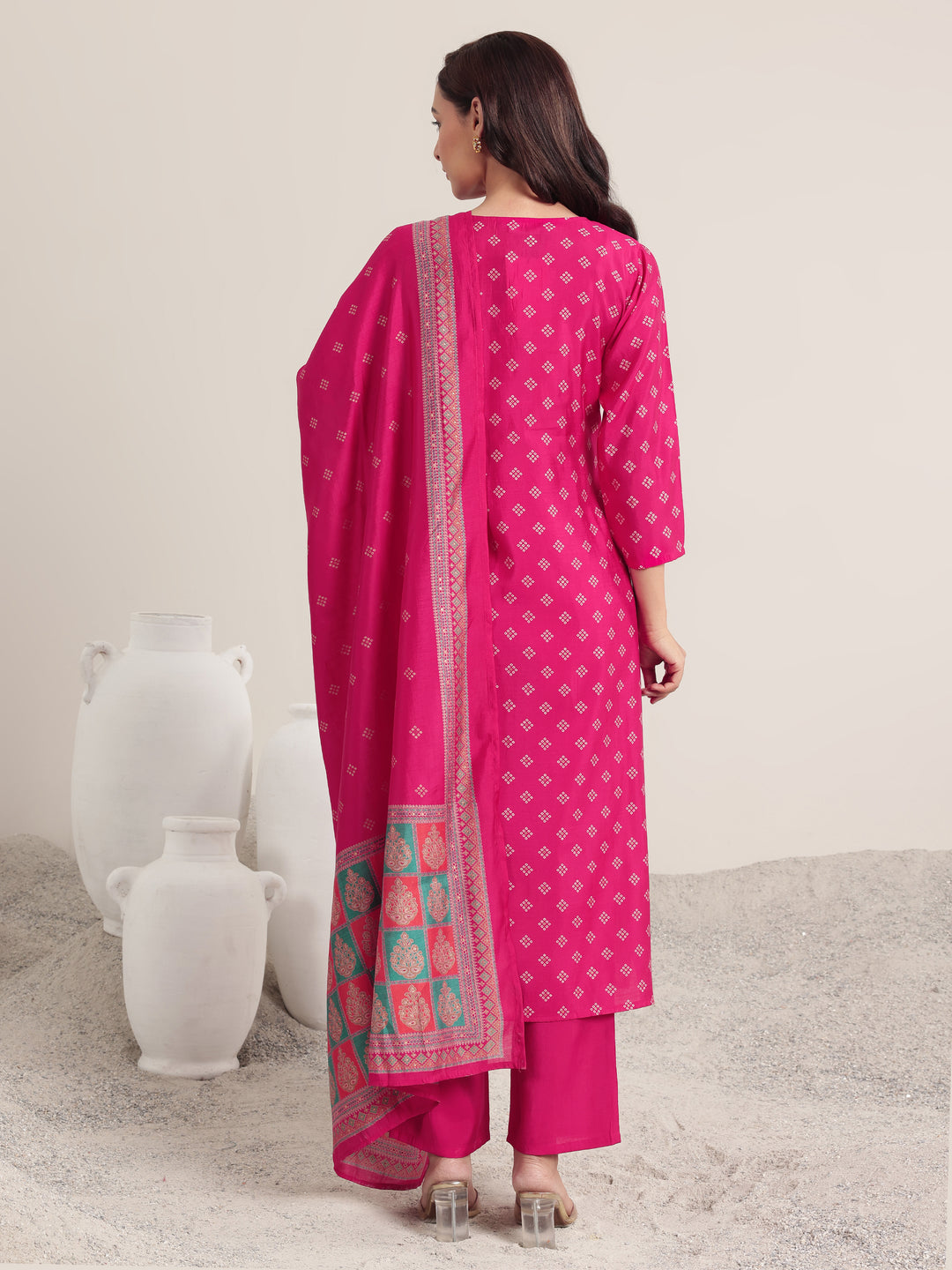 Pink Printed Silk Blend Straight Suit Set With Dupatta