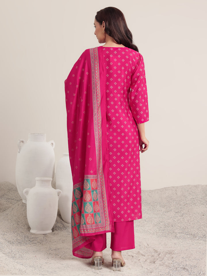 Pink Printed Silk Blend Straight Suit Set With Dupatta
