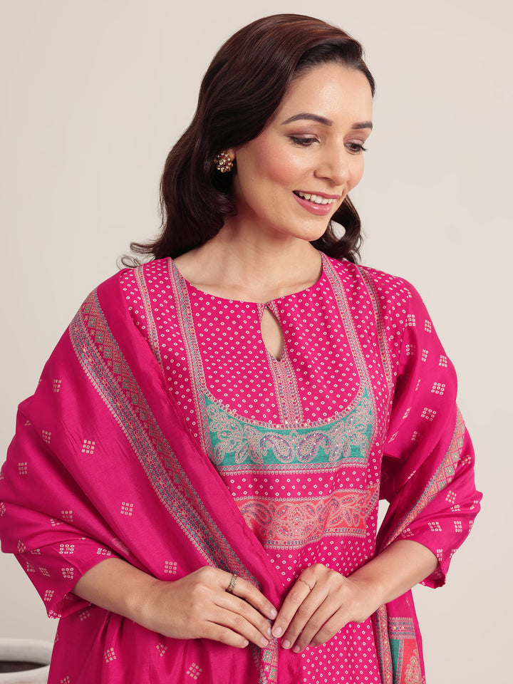 Pink Printed Silk Blend Straight Suit Set With Dupatta