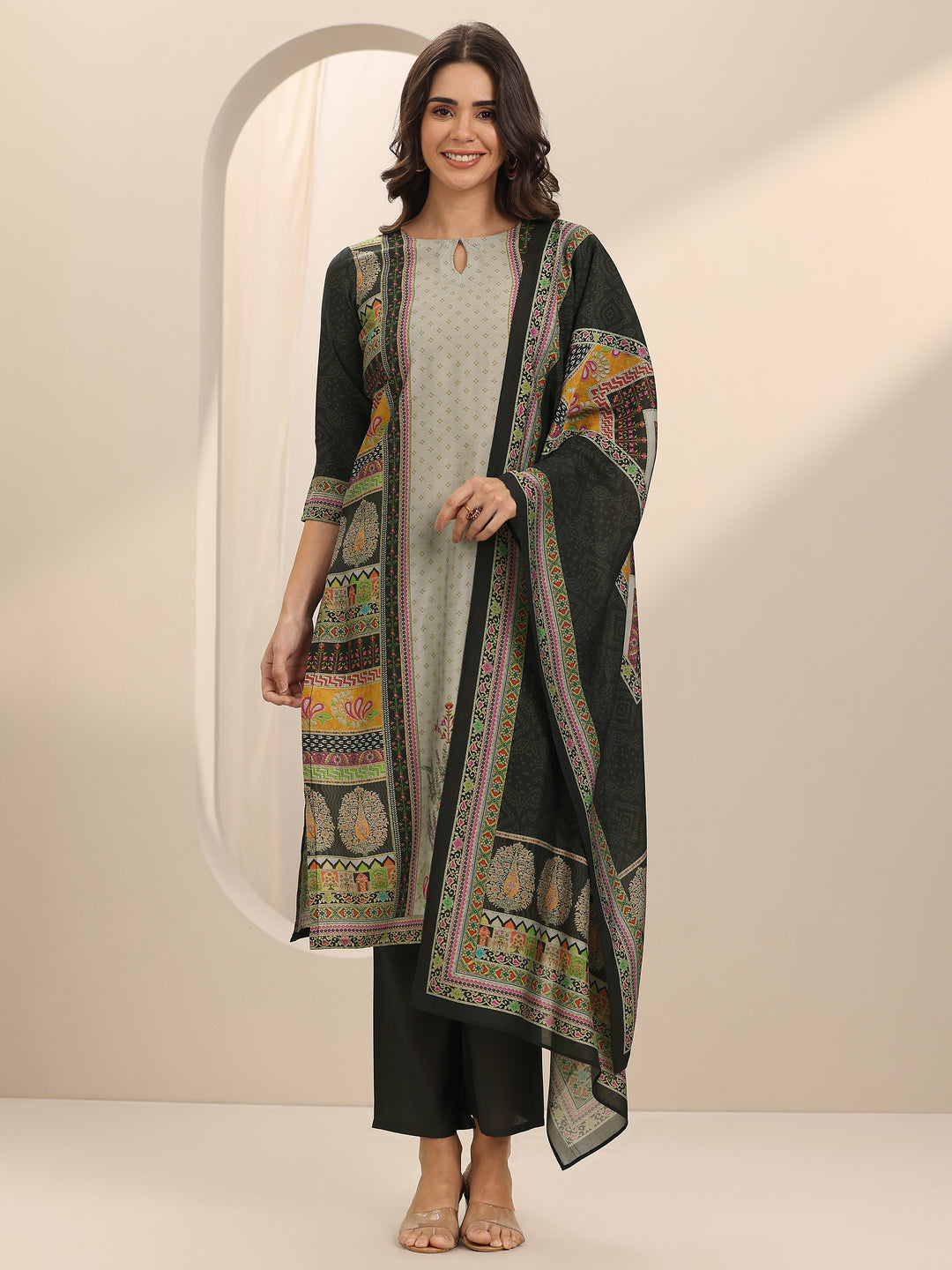 Grey Printed Silk Blend Straight Suit Set With Dupatta