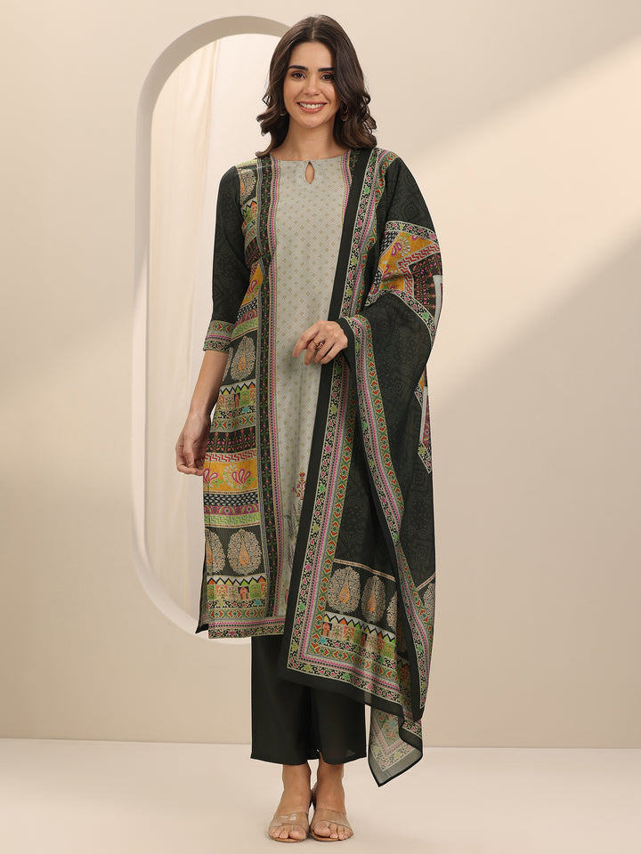 Grey Printed Silk Blend Straight Suit Set With Dupatta