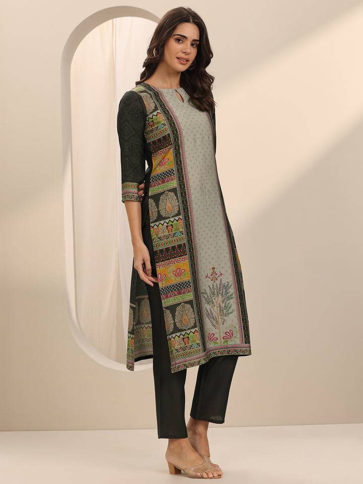 Grey Printed Silk Blend Straight Suit Set With Dupatta