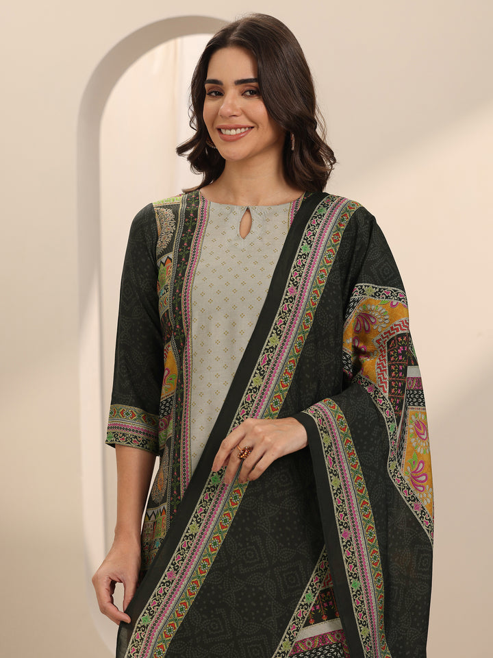 Grey Printed Silk Blend Straight Suit Set With Dupatta