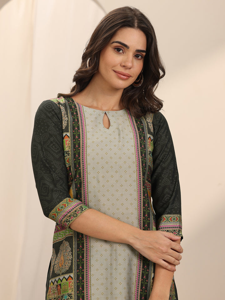 Grey Printed Silk Blend Straight Suit Set With Dupatta