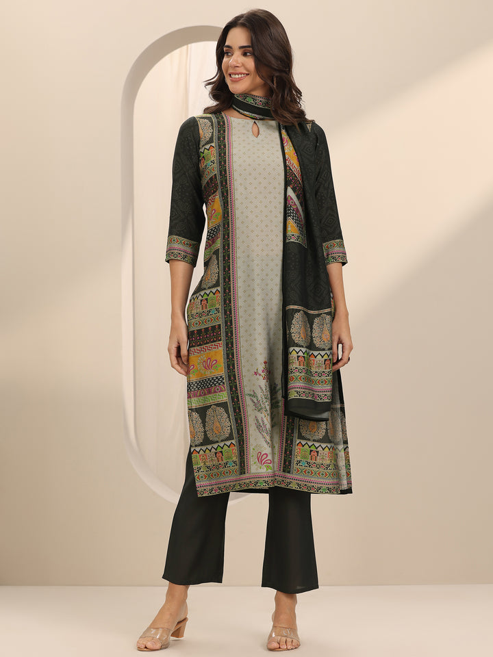 Grey Printed Silk Blend Straight Suit Set With Dupatta