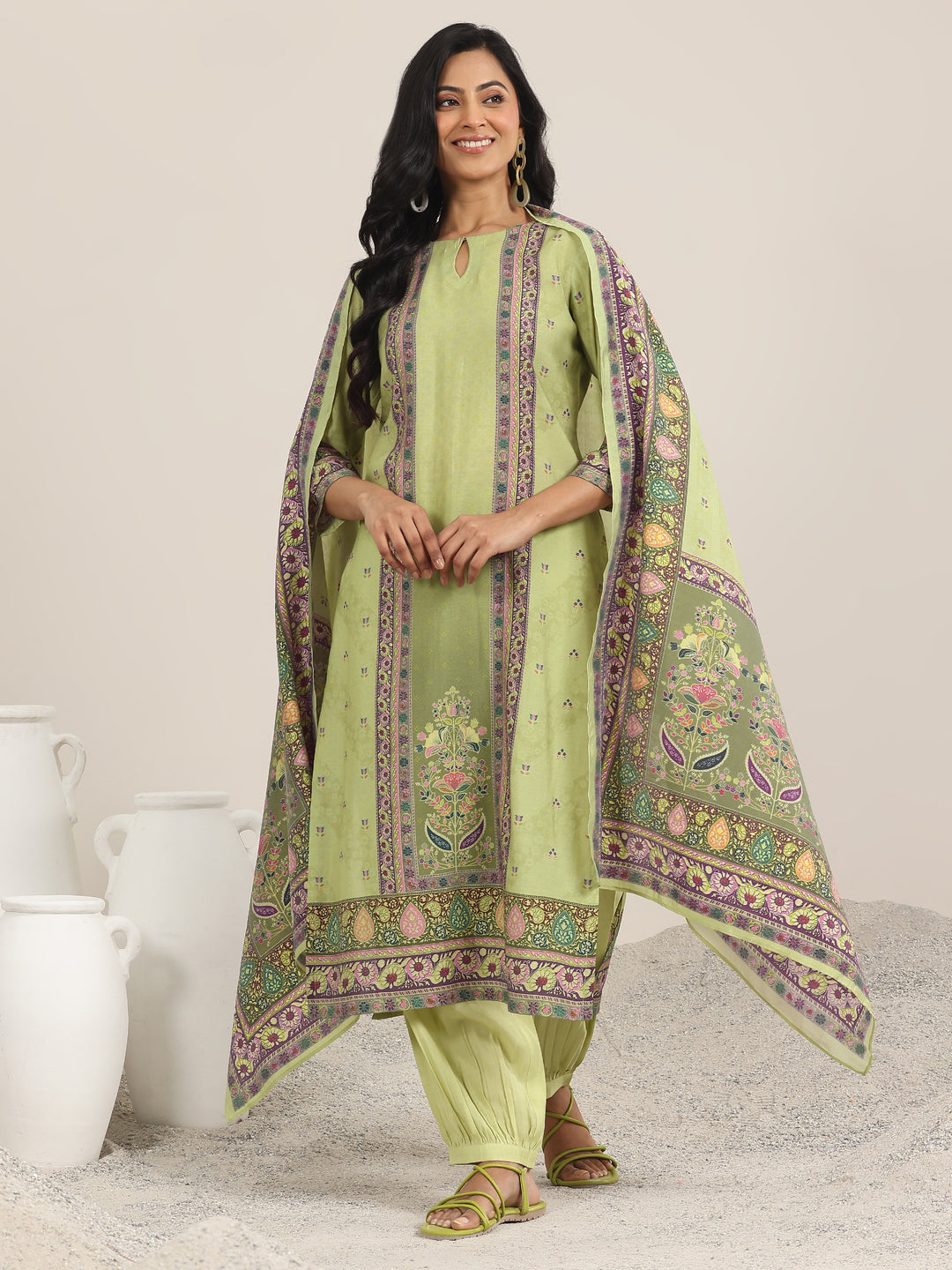 Green Printed Silk Blend Straight Suit With Dupatta