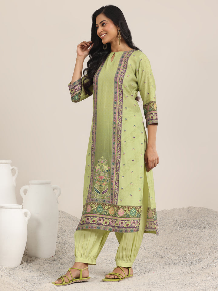 Green Printed Silk Blend Straight Suit With Dupatta