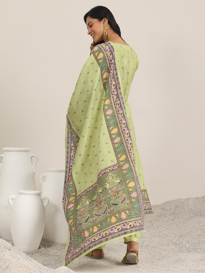 Green Printed Silk Blend Straight Suit With Dupatta