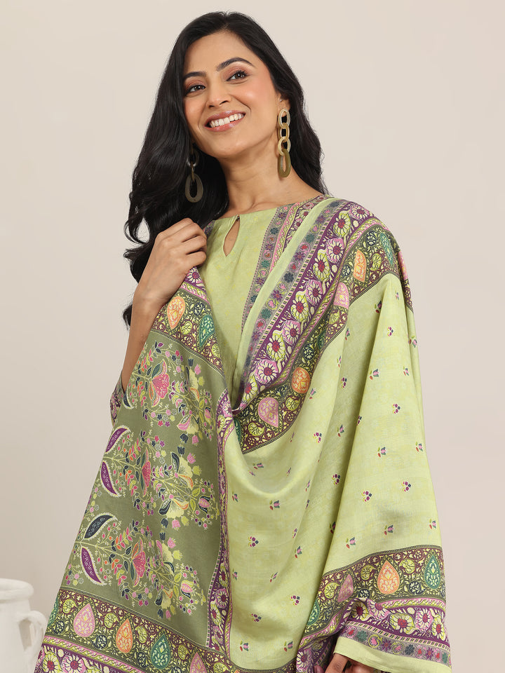 Green Printed Silk Blend Straight Suit With Dupatta