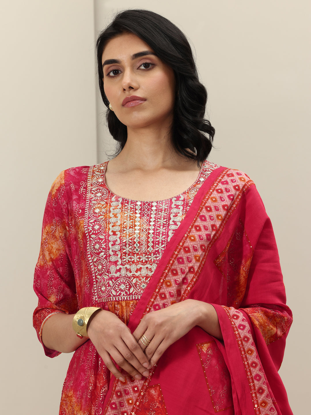 Orange Printed Silk Blend Anarkali Suit Sets With Dupatta