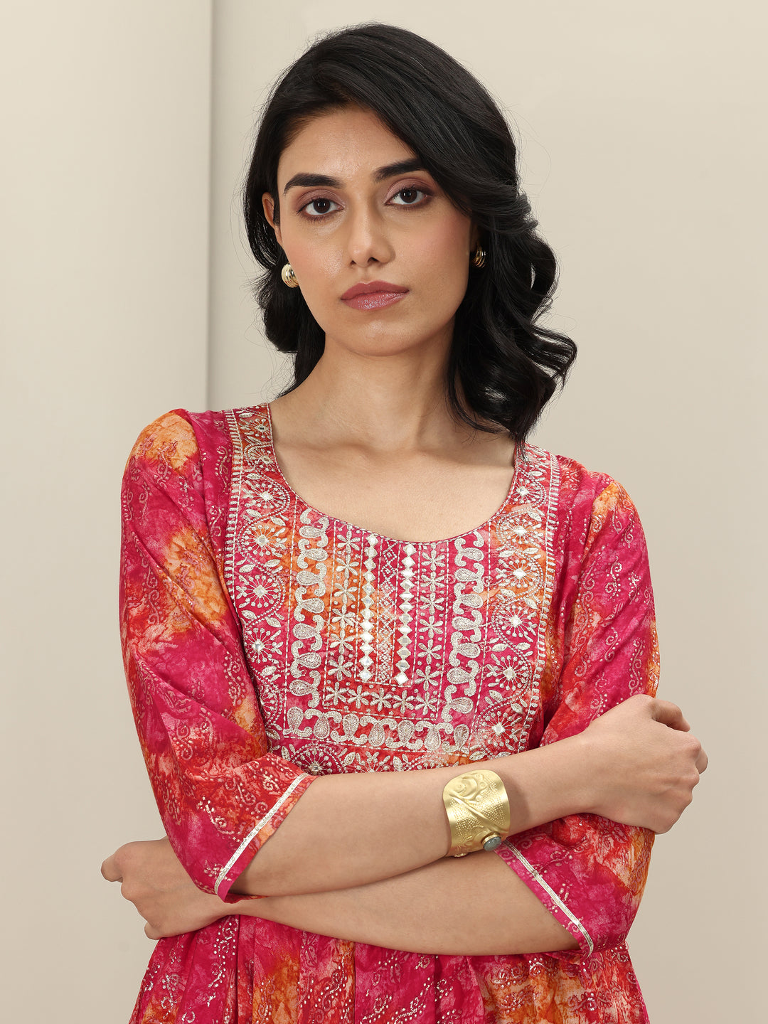 Orange Printed Silk Blend Anarkali Suit Sets With Dupatta