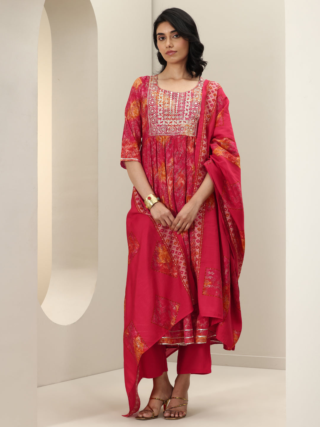 Orange Printed Silk Blend Anarkali Suit Sets With Dupatta