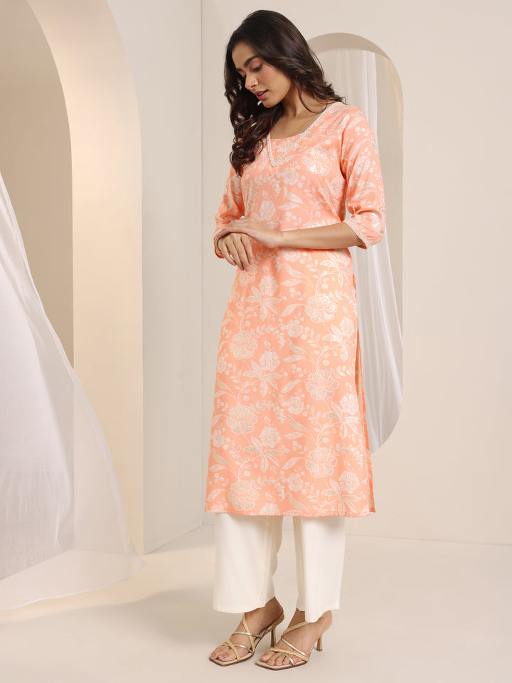 Orange Printed Cotton Blend Straight Suit Set With Dupatta