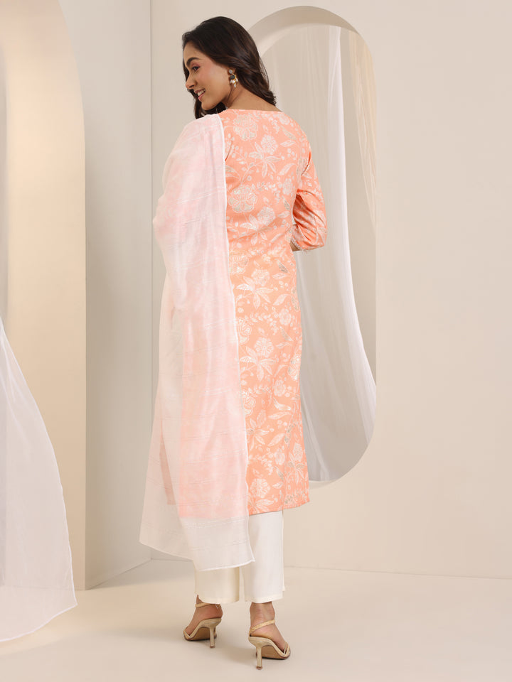 Orange Printed Cotton Blend Straight Suit Set With Dupatta
