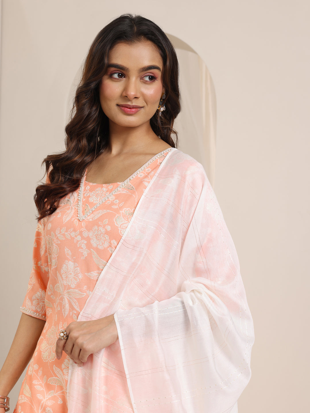 Orange Printed Cotton Blend Straight Suit Set With Dupatta