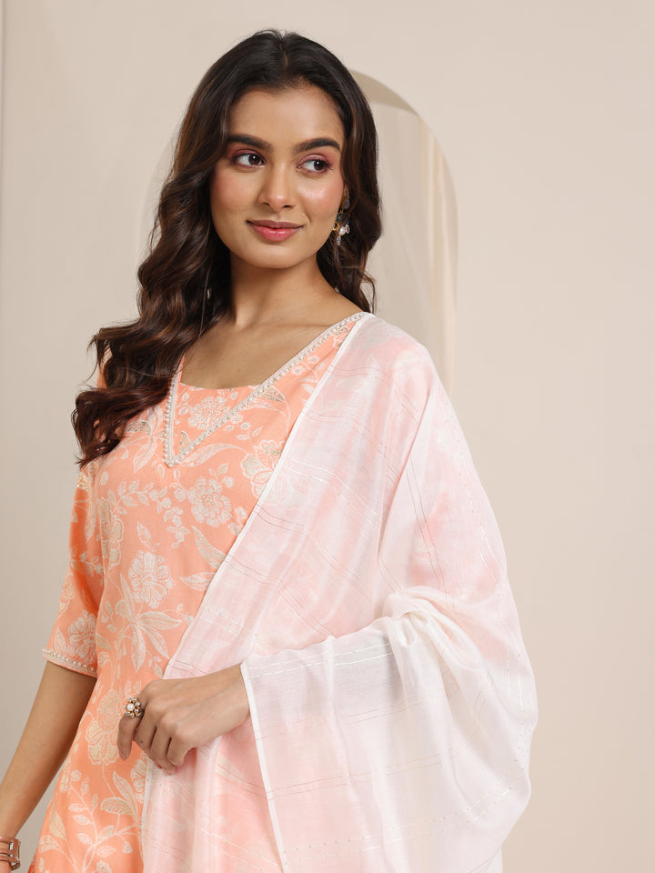 Orange Printed Cotton Blend Straight Suit Set With Dupatta