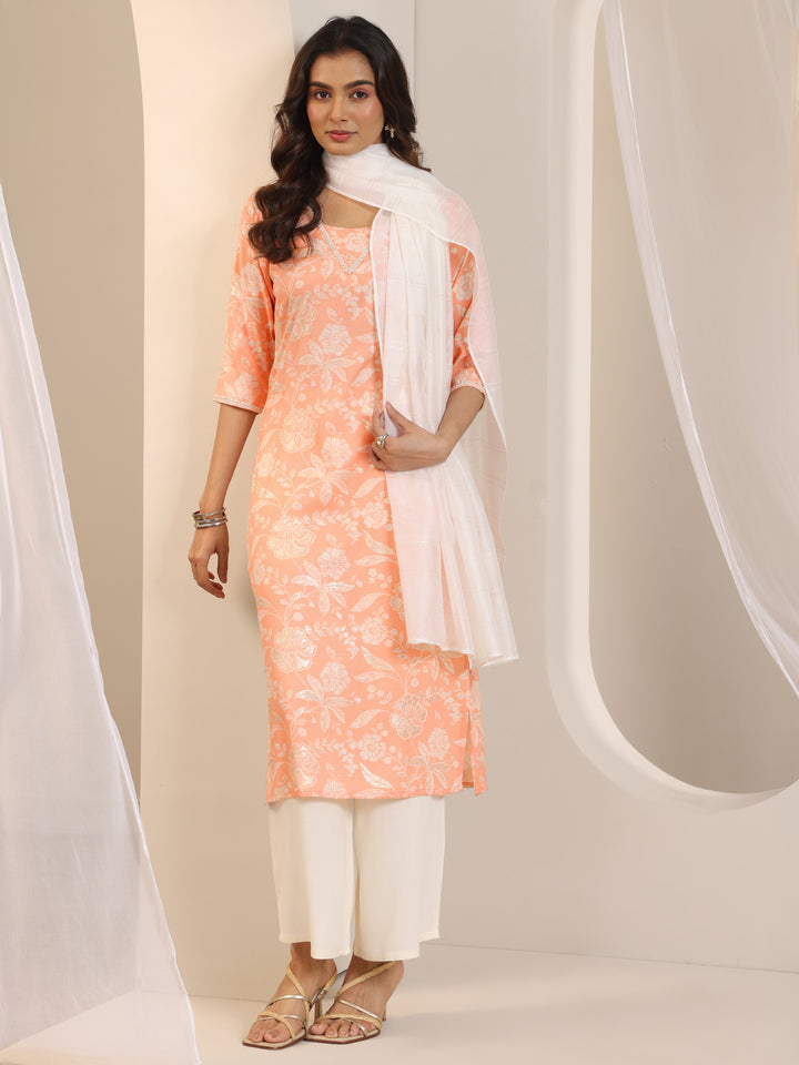 Orange Printed Cotton Blend Straight Suit Set With Dupatta