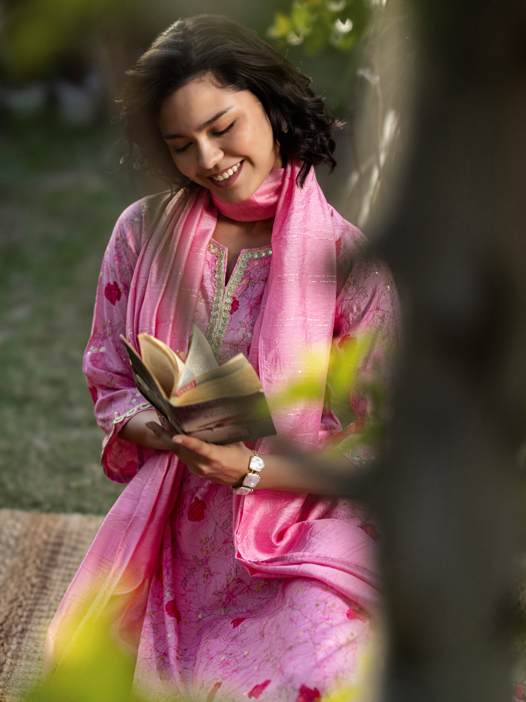 Pink Printed Cotton Blend Straight Suit Sets With Dupatta