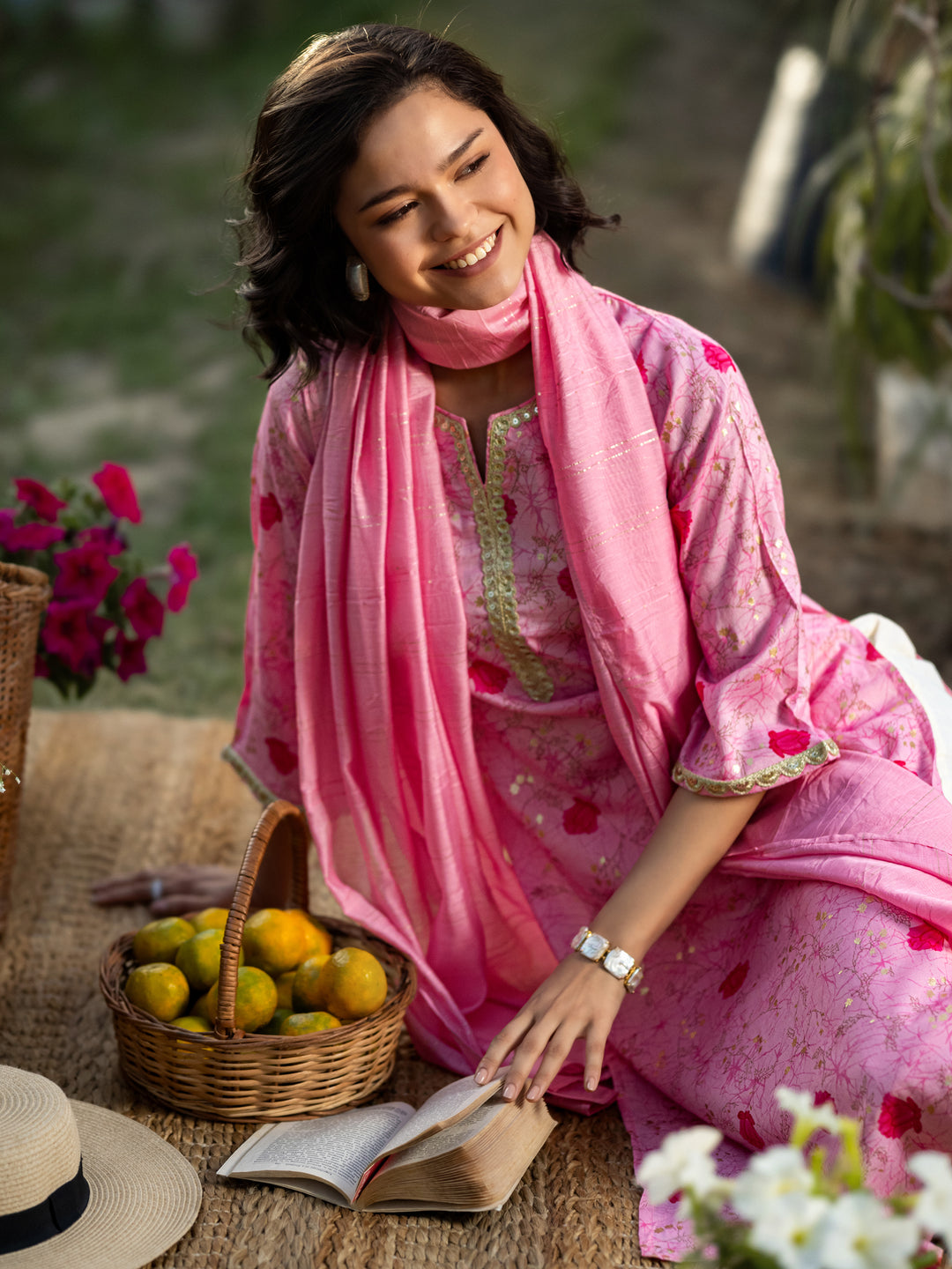 Pink Printed Cotton Blend Straight Suit Sets With Dupatta