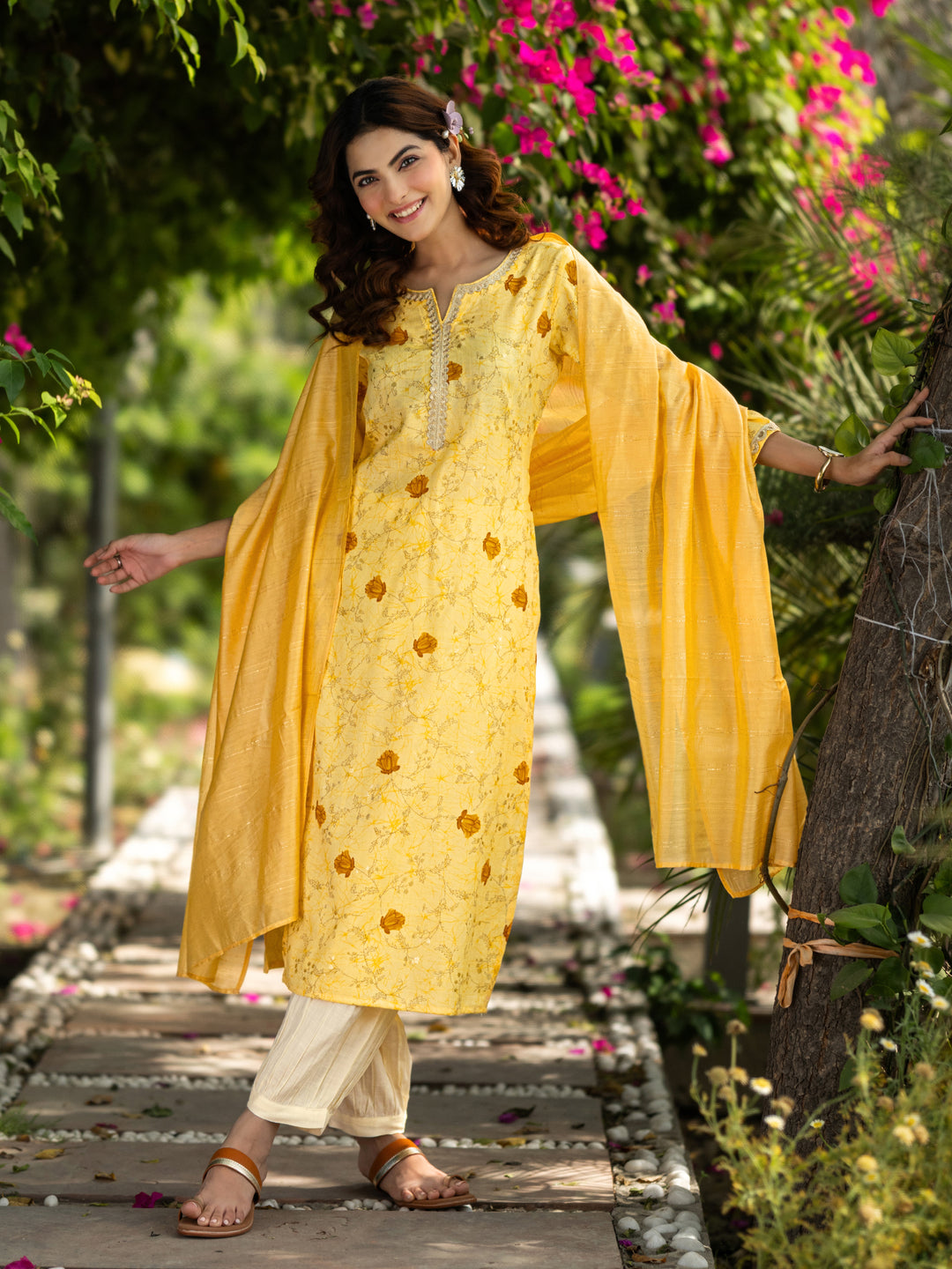 Yellow Printed Cotton Blend Straight Suit Set With Dupatta