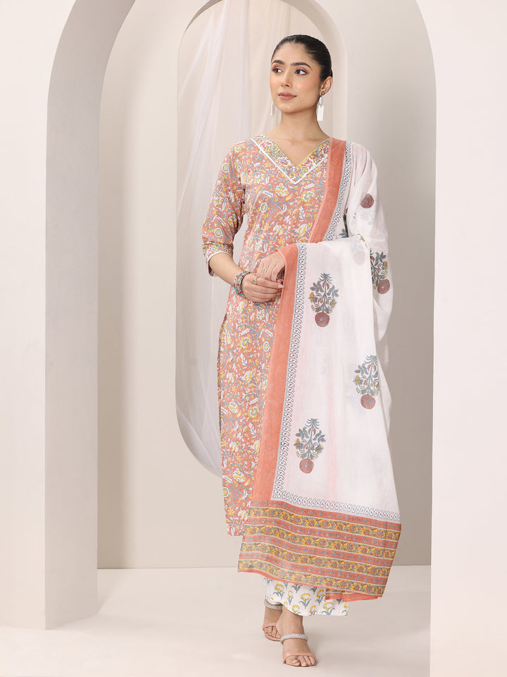 Coral Printed Cotton Straight Suit Set With Dupatta