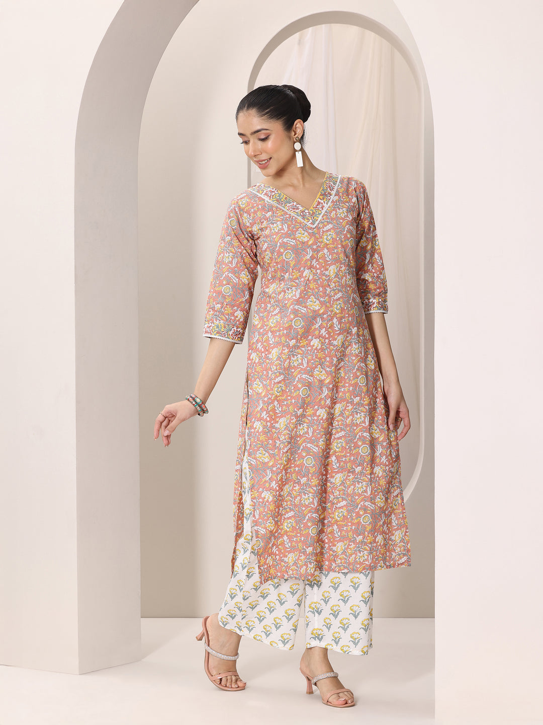 Coral Printed Cotton Straight Suit Set With Dupatta