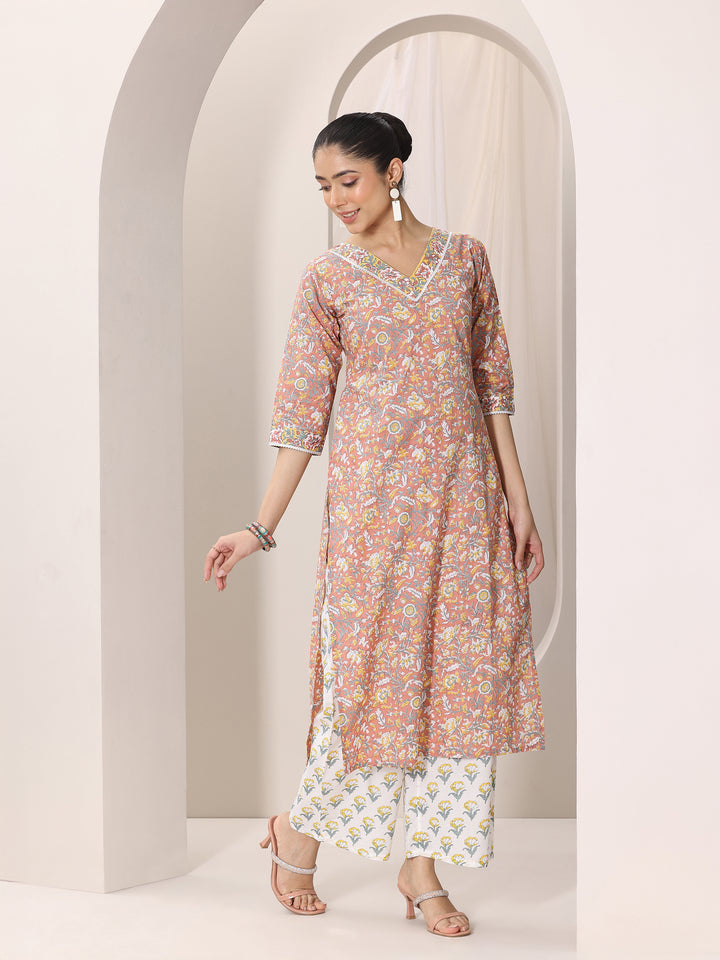 Coral Printed Cotton Straight Suit Set With Dupatta