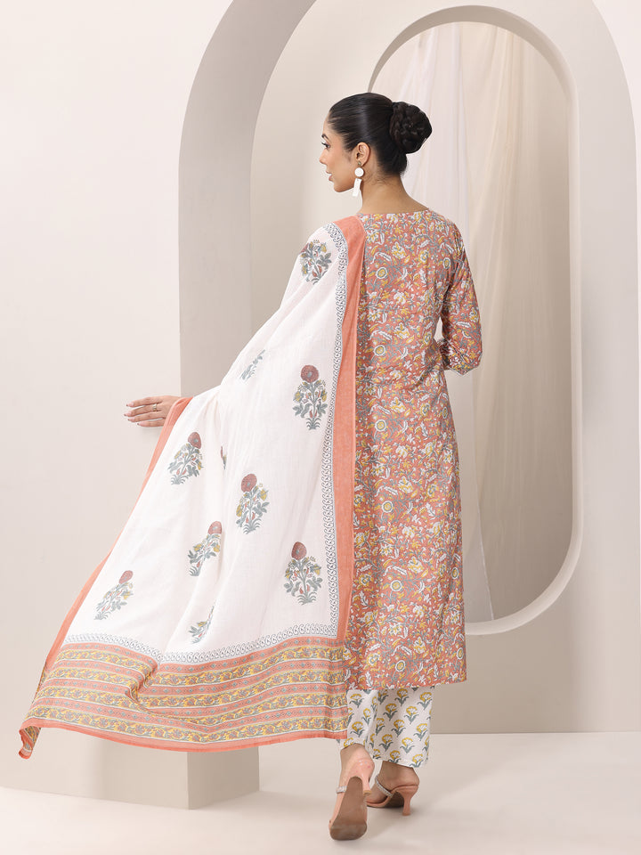 Coral Printed Cotton Straight Suit Set With Dupatta