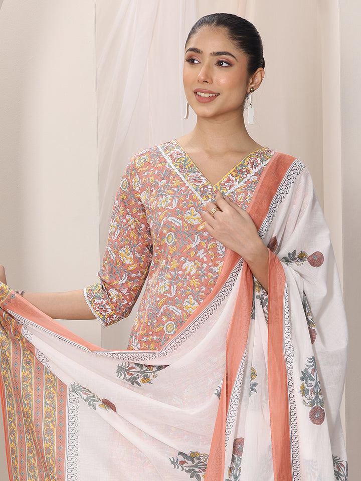 Coral Printed Cotton Straight Suit Set With Dupatta