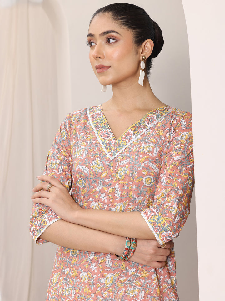 Coral Printed Cotton Straight Suit Set With Dupatta
