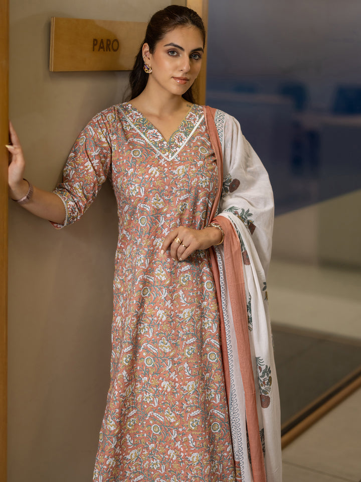 Coral Printed Cotton Straight Suit Set With Dupatta