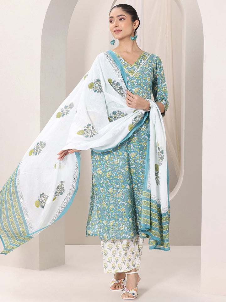 Teal Blue Printed Cotton Straight Suit Set With Dupatta
