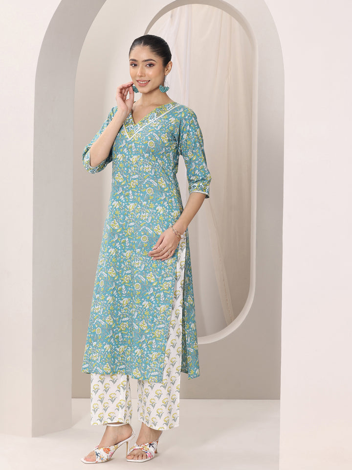 Teal Blue Printed Cotton Straight Suit Set With Dupatta