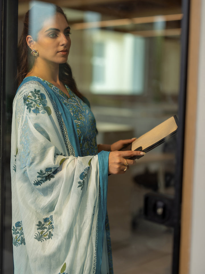 Teal Blue Printed Cotton Straight Suit Set With Dupatta