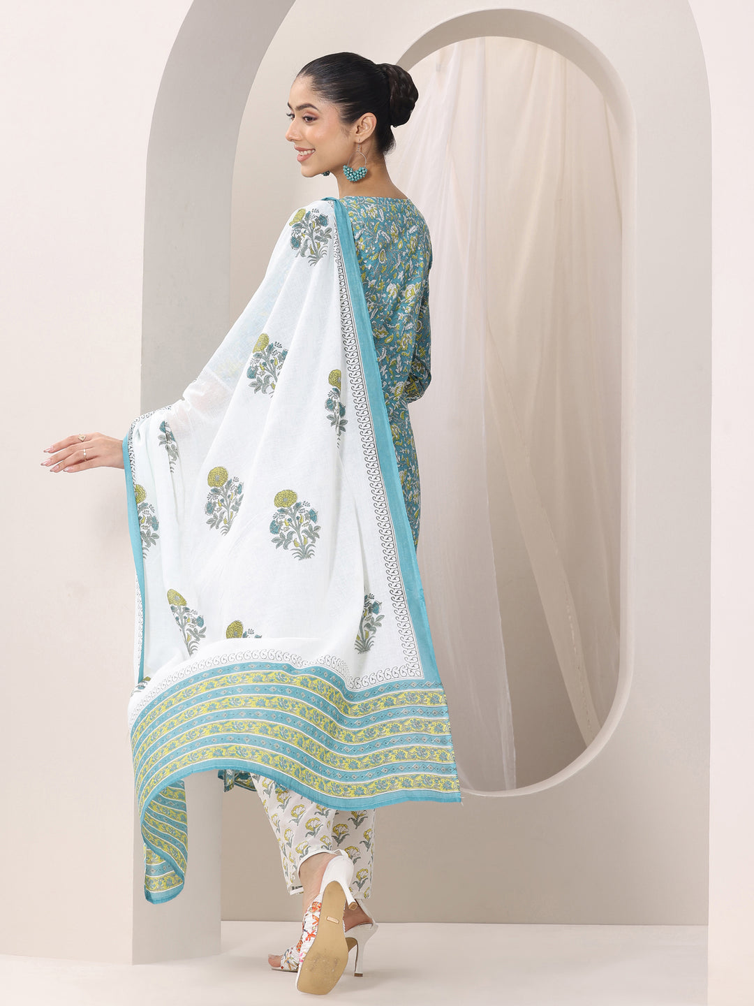 Teal Blue Printed Cotton Straight Suit Set With Dupatta