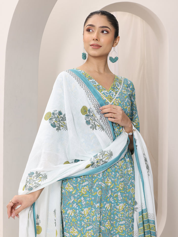 Teal Blue Printed Cotton Straight Suit Set With Dupatta