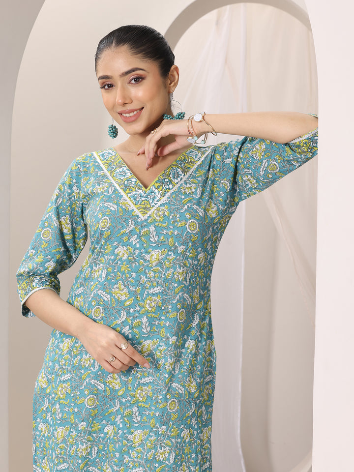 Teal Blue Printed Cotton Straight Suit Set With Dupatta