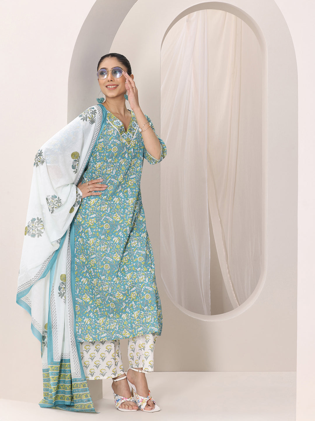 Teal Blue Printed Cotton Straight Suit Set With Dupatta