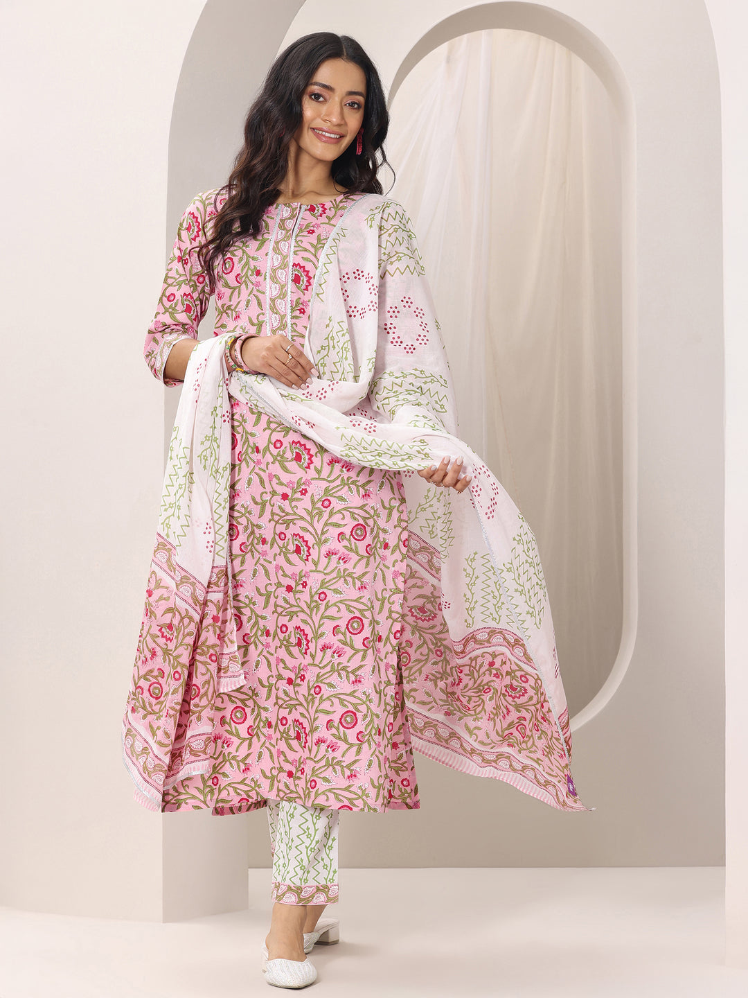 Peach Printed Cotton Straight Suit Set With Dupatta