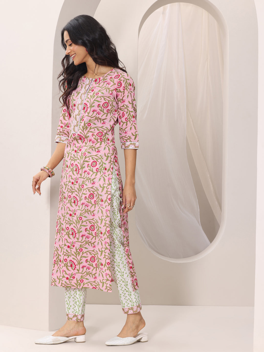 Peach Printed Cotton Straight Suit Set With Dupatta
