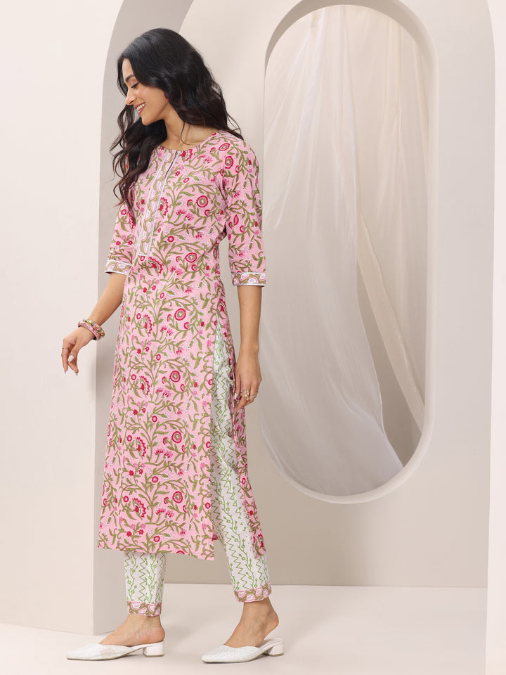 Peach Printed Cotton Straight Suit Set With Dupatta